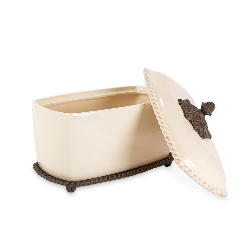 Cream Stoneware Bread Box with Acanthus Details