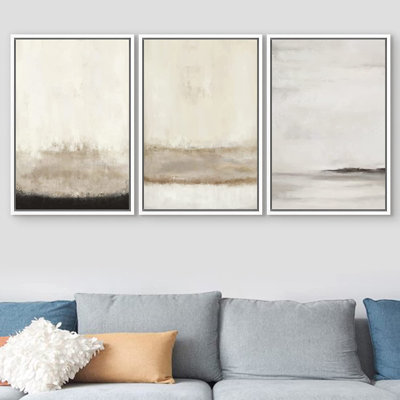 " Minimalist Grey Tan Paint Stroke Landscape Abstract Wall Art " 3 - Pieces