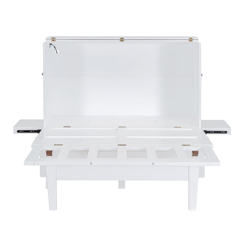 Lit escamotable double avec USB et deux tablettes amovibles de chaque côté, Lit double, Blanc
