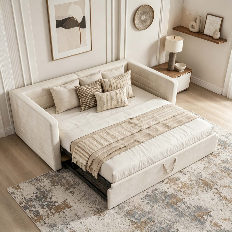 Structure de lit de jour rembourré avec lit gigogne, Beige