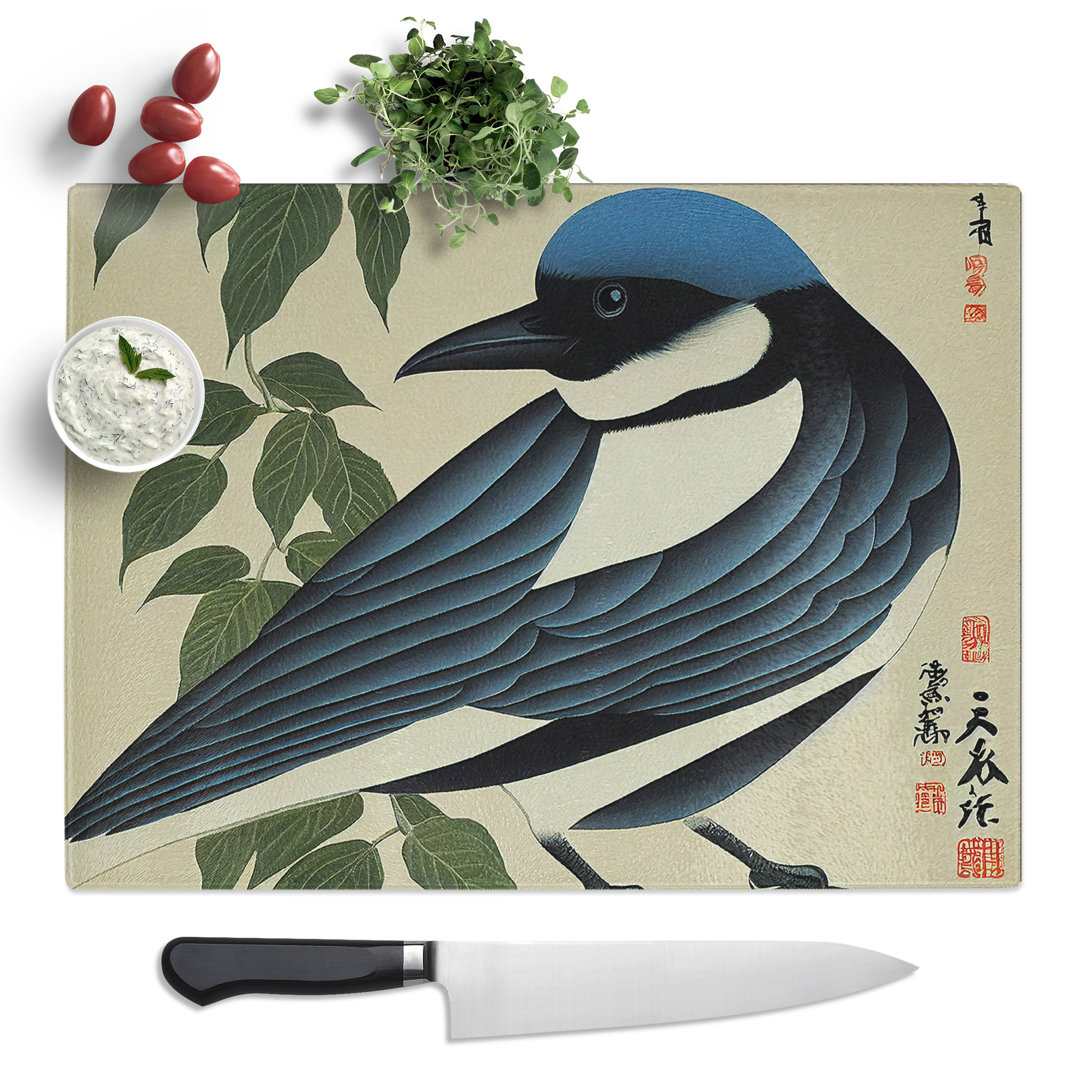 Magpie Bird Japanese  Glass Chopping Board