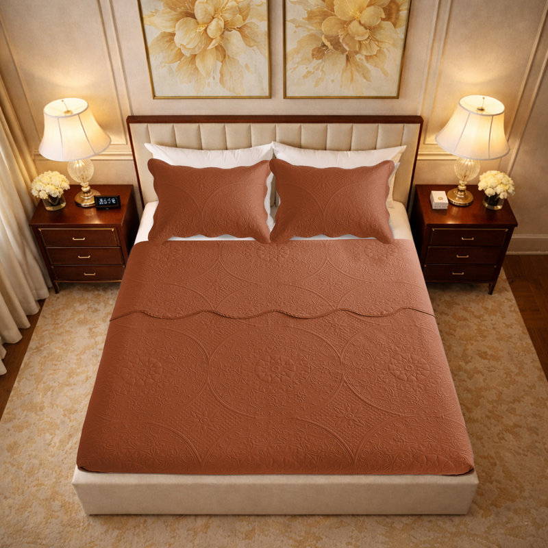 Floral Embossed Microfiber Quilt Set Pre-Washed  Soft Bedspread, Dark Orange, Queen Bedspread + 2 Standard Pillowcases