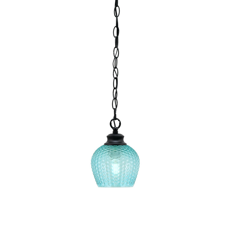 Luminaire suspendu à chaîne Quapaw avec verre texturé de 6 po, Cyan, Noir mat