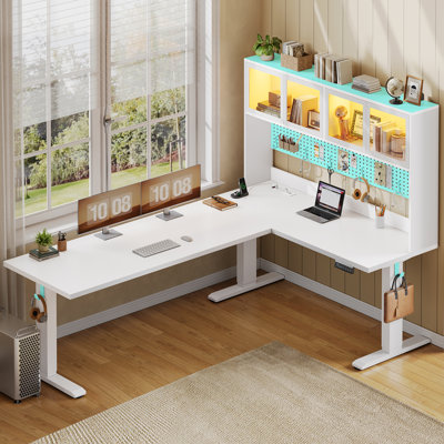 68.9" L-Shaped Height Adjustable Electric Standing Desk, Gaming Desk & Corner Computer Desk with Hhutch, Storage, Pegboard, lED Lights and Power 0utlet for Home