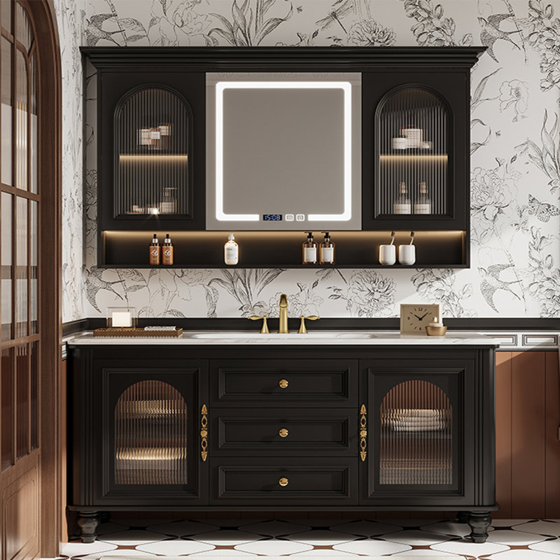 Armoire de salle de bain de style rétro français de luxe, H 32,28 po x l 55,12 po x P 21,65 po, Noir, noir, noir, noir