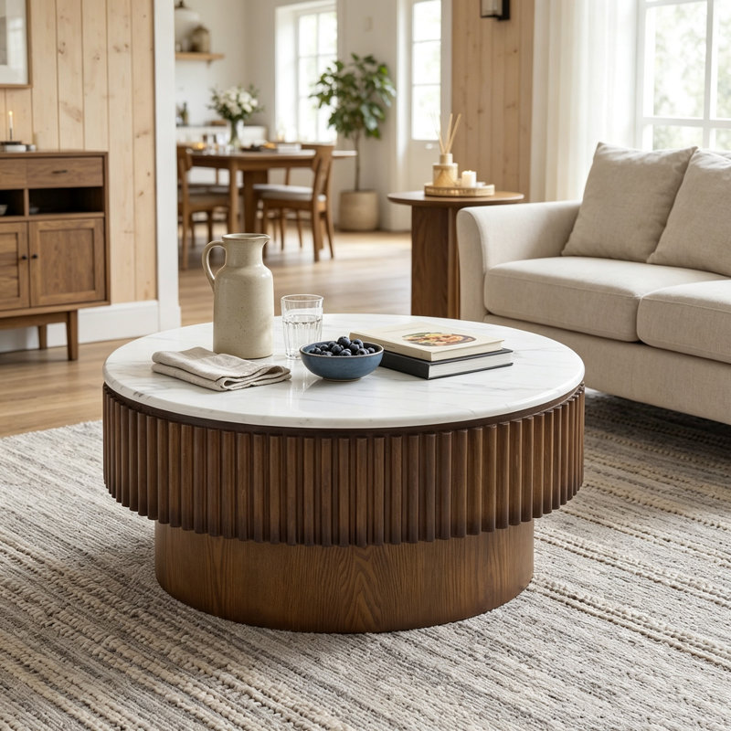 Table basse ronde de 31,5 pouces avec rangement, table centrale moderne avec plateau en marbre blanc et base cannelée en bois massif, table d'appoint peu encombrante pour le bureau d'un salon