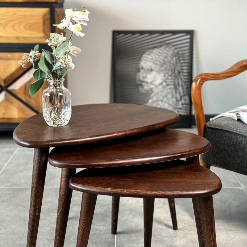 Chestnut Round Walnut and Beech Nesting Tables Set