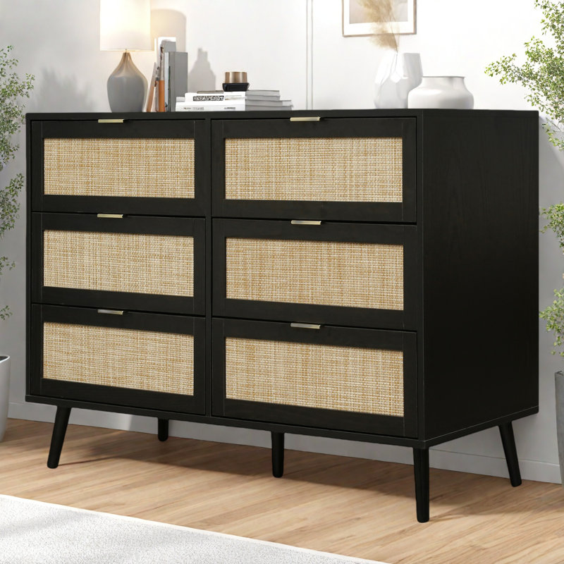 Commode à 6 tiroirs l 46,7 po Atyia, commode double en rotin pour chambre à coucher, commode à tiroirs moderne, Noir