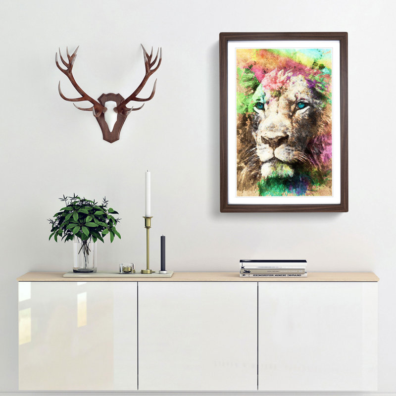Blue Eyed Lion in Abstract - Picture Frame Painting Print, Walnut Framed, 65cm H x 48cm W x 2cm D