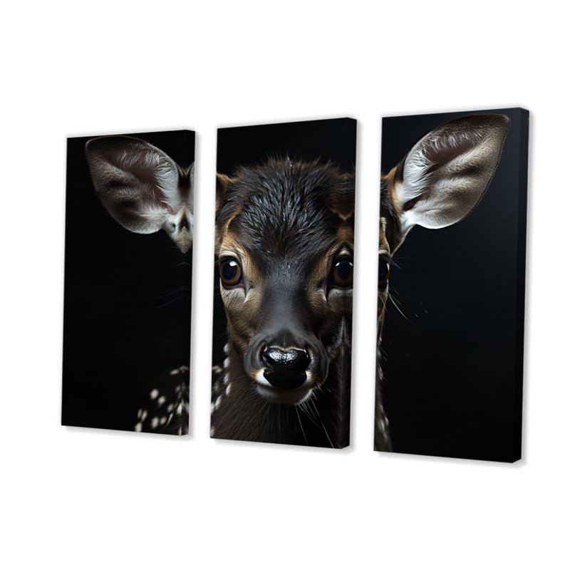 Portrait de cerf noir et blanc sur toile, 3 pièces, H 40 po x l 60 po x P 1 po