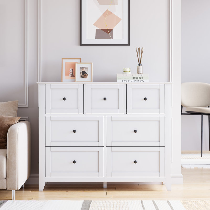 Commode 7 tiroirs en bois avec poignées en métal, commode minimaliste moderne pour chambre à coucher, salon, Blanc