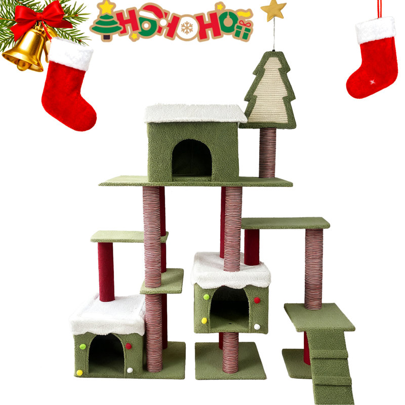 Très grande tour de chat de Noël pour félins d'intérieur, avec plateformes enneigées et tour de cabines fermées confortables, 70 pouces et plus, points décoratifs à plusieurs niveaux