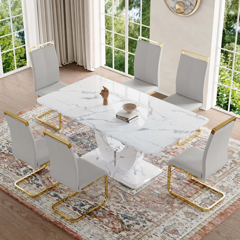 Ensemble de table de salle à manger, Gris clair / doré, Marbre blanc, 7 pièces