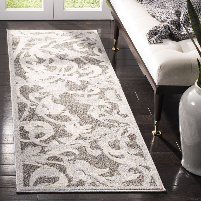 Tapis gris / gris clair à motif floral Ammundsen, Tapis de couloir 2 pi 3 po x 7 pi