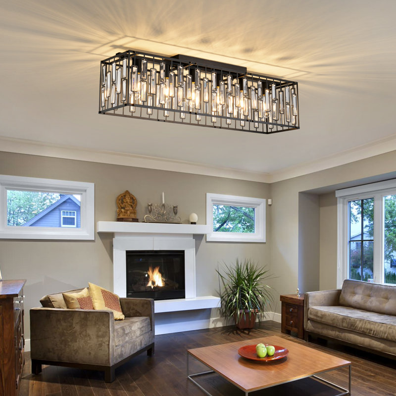 6 - Light 38.7" Crystal Rectangle Flush Mount, Matte Black