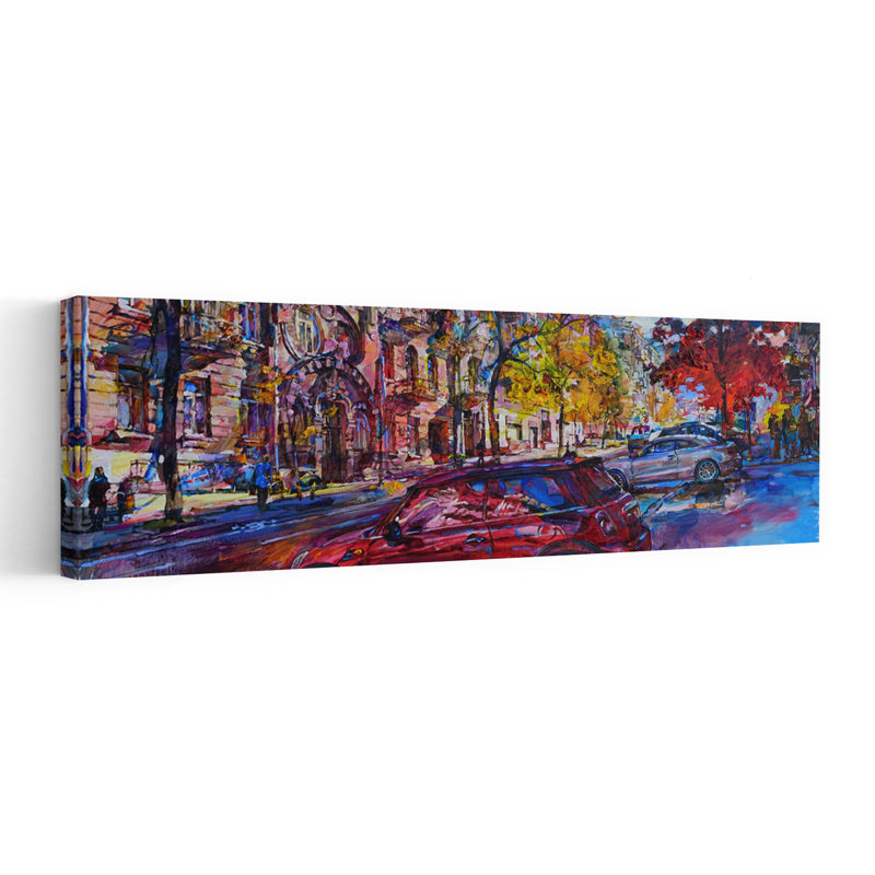 «Vibrant Autumn City Street», art abstrait coloré de l'architecture contemporaine de l'automne, H 36 po x l 12 po