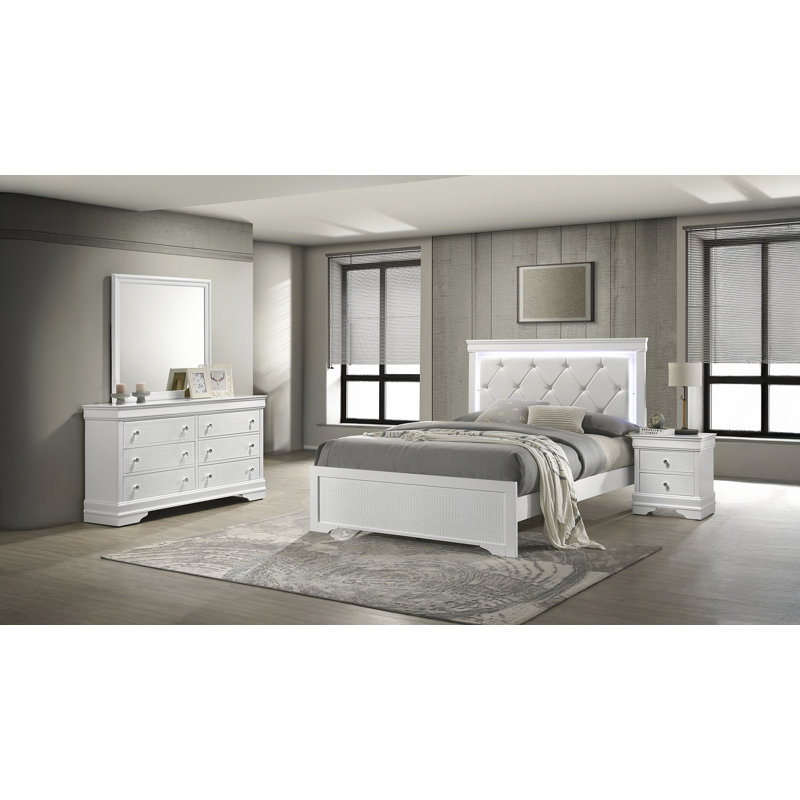 Ensemble de chambre à coucher rembourré de style moderne, ensemble de chambre à coucher à cadre en bois 4 pièces avec tête de lit à DEL