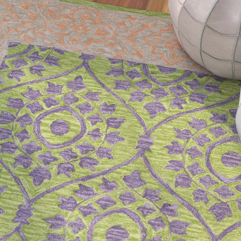 Tapis en laine / coton crocheté à la main Guzi - violet / vert, Rectangle 3 pi x 5 pi