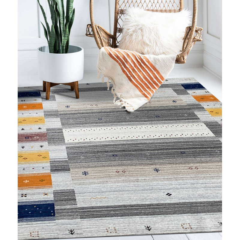 Classic Gabbeh Multicolor Hand Knotted Wool Multicolored Transitional Modern Area Rug, Rectangle 10' x 14'