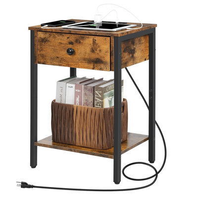 Table de bout avec station de charge et ports USB, table d'appoint avec tiroir brun rustique et noir