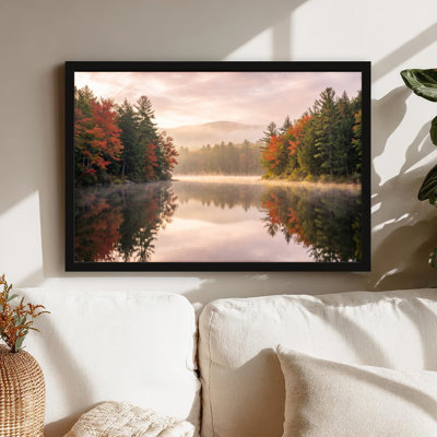 Toile noire encadrée en bois noir pour le salon, la chambre à coucher, le bureau ou le vestibule - décoration murale décorative avec lac d'automne