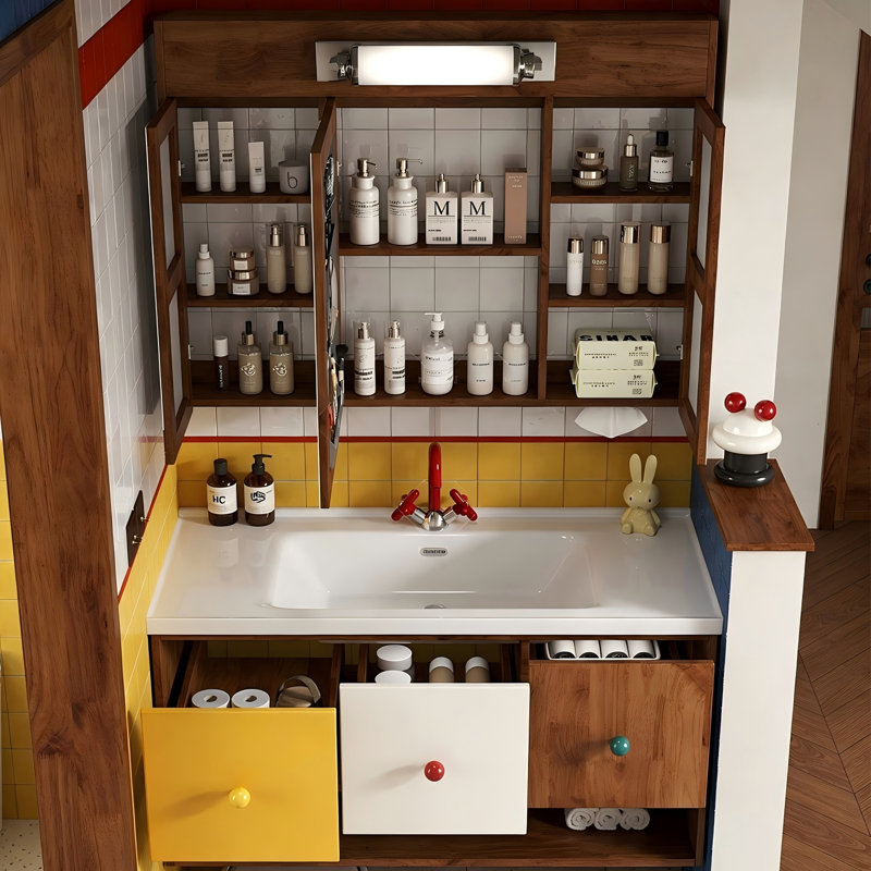Ensemble de meuble-lavabo mural deux tons en bois massif avec miroir et lumière, H 21,65 po x l 47,24 po x P 19,69 po