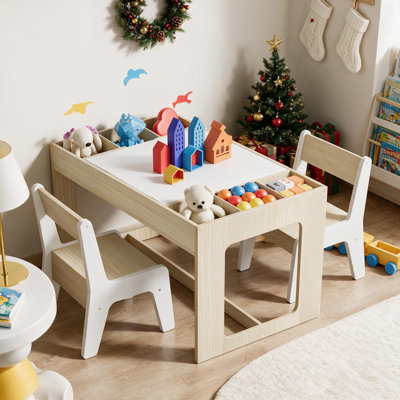  Kids Table And 2 Chairs With Blackboard, Storage Space, Toddler 3 In 1 Wooden Activity Desk Set For Drawing, Eating, Reading, Playing