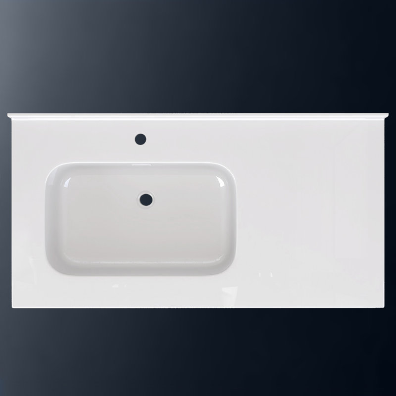Dessus de meuble-lavabo à surface solide de 42 pouces avec lavabo intégré à gauche, comptoir moderne blanc vif de 2 po d'épaisseur, dosseret arrière de 1,38 po, conception à bord lisse, imperméable et facile à installer