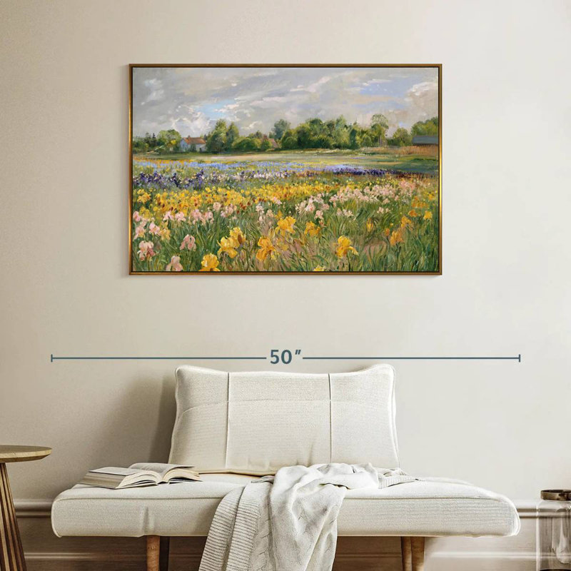 Chalets et champ d'iris, Cadre flottant doré, 40 po x 27 po