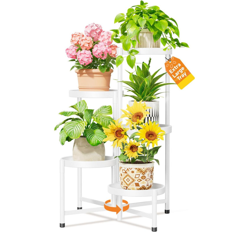 Support à plantes pliant à 5 niveaux pour plusieurs grandes jardinières, support réglable robuste et résistant à la rouille avec plateau antirouille de 7,9 pouces de large, organisateur d'arbre vertical robuste pour plancher intérieur étroit, blanc