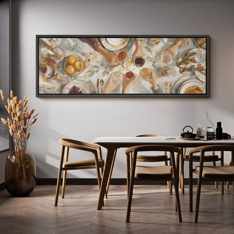 Neutral Toned Feast Celebration Artwork Extra Large Pictures Framed Canvas Print Wall Art, 20" H x 60" W, Black