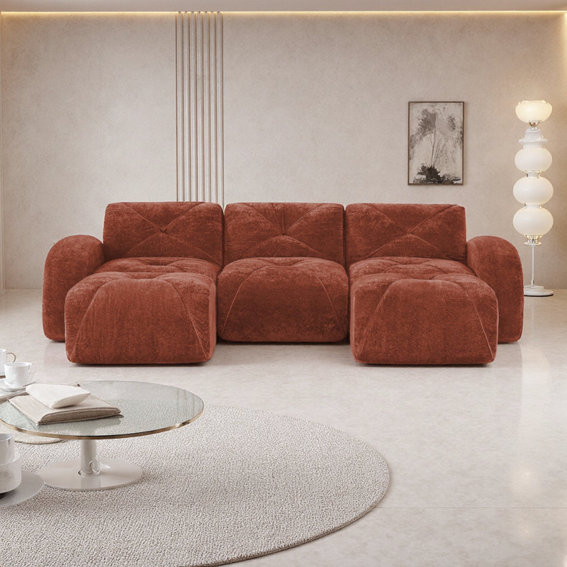 Canapé modulaire en U avec repose-pieds en velours | Canapé Cloud sans assemblage | Conception touffetée sans os, 3, Rouge