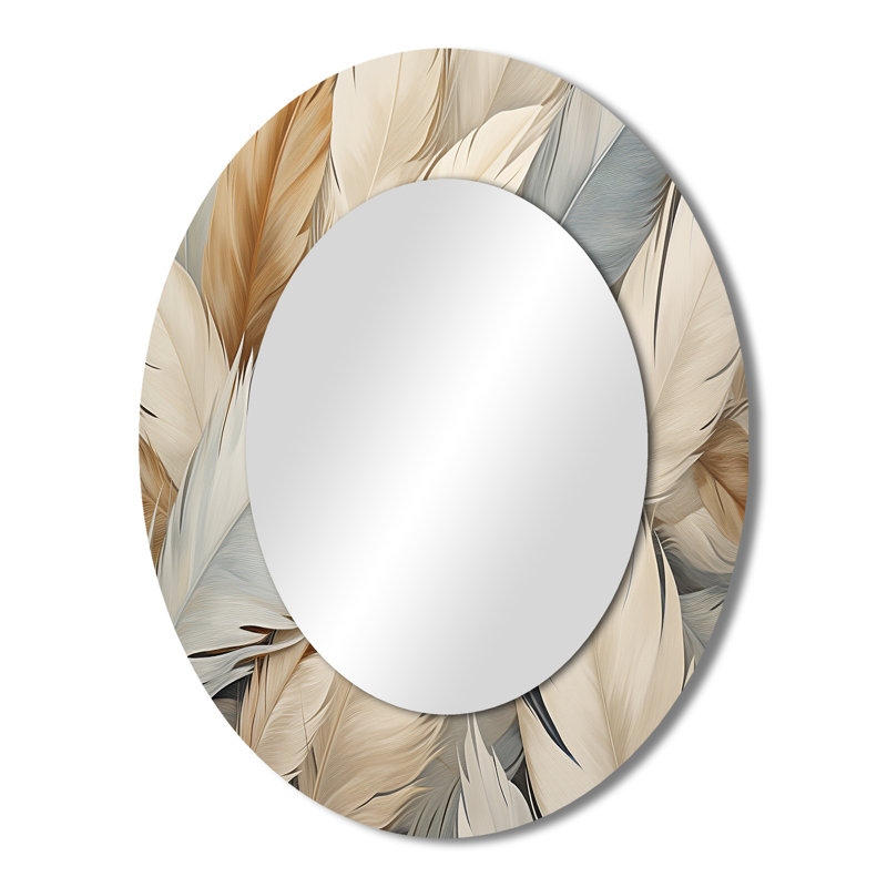 Feathery Plumes II - Grand miroir mural ovale sur métal, 43 po x 33 po