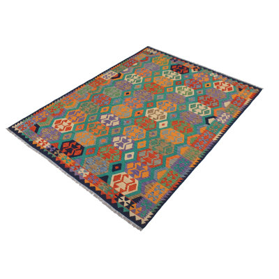 Tapis vert / bleu en laine tissé à la main de style tribal / géométrique / sud-ouest par Cedor 6 pi x 7 pi 10 po