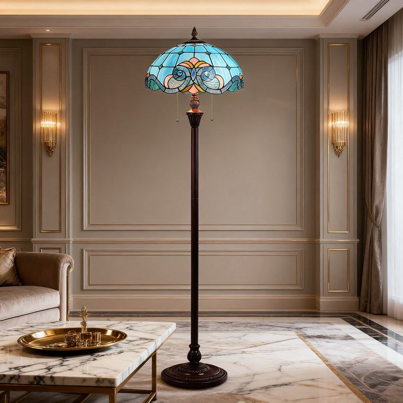 Tiffany Floor Lamp With Stained Glass Shade, Antique Standing Lamp For Living Room, Bedroom, Or Office Reading Light, Victorian Style Pole Lamp