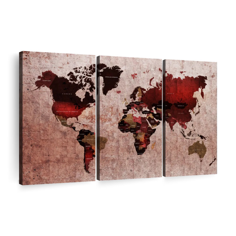" Ruby World Map " 3 - Pieces, 42" H x 65" W x 1.25" D