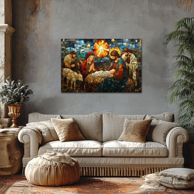 Large Nativity Scene Canvas Wall Art, Birth of Jesus Painting with Mary Joseph Baby, Stained Glass Effect, Christian Poster for Home, Church, Ready to Hang Picture Prints, Framed Canvas Artwork Decor, 36×48 Inches