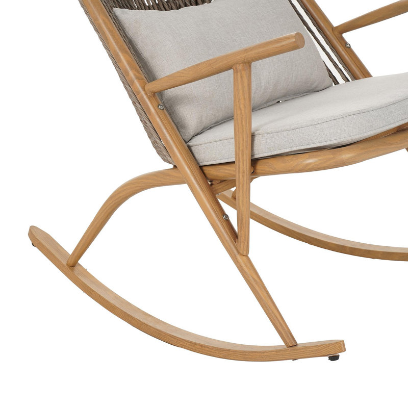 Chaise berçante d'extérieur - Structure en fer robuste au fini érable, dossier en rotin PE gris et coussin gris clair