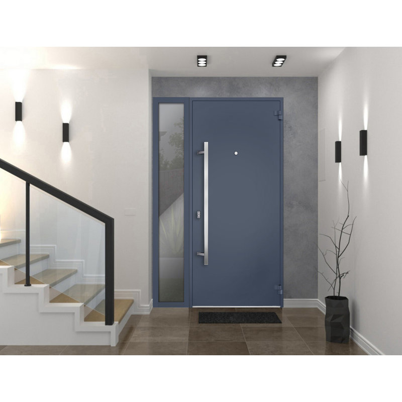 Porte d'entrée extérieure prémontée en acier Deux 0729 Gris graphite, fenêtre latérale extérieure avec inserts en acier inoxydable, style moderne, peinte - L 36 + 14 x H 80 - Ouverture gauche vers l'intérieur