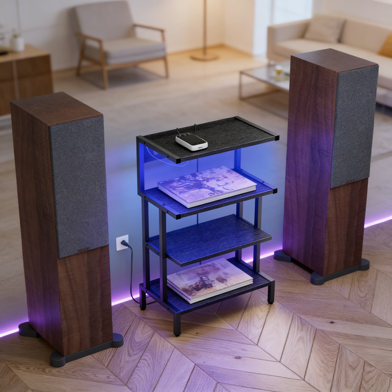 4-Tier Gaming Console Stand With Built-In Power Outlet & RGB Lighting, Heavy Duty Media Storage Organizer For PS5, Xbox, Stereo Systems And Home Entertainment
