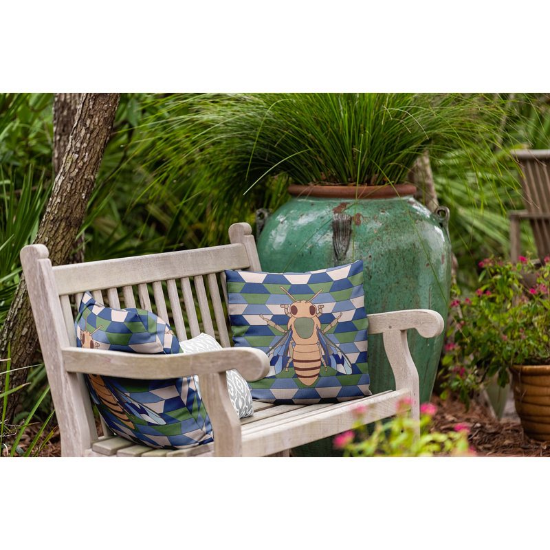Coussin intérieur / extérieur Leafy Branch, H 20 po x l 20 po, Bleu / vert / beige géométrique