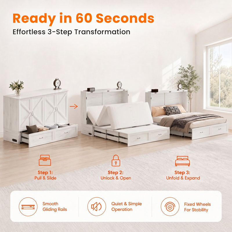 Grand lit escamotable avec station de charge intégrée et 2 tiroirs, blanc, Blanc