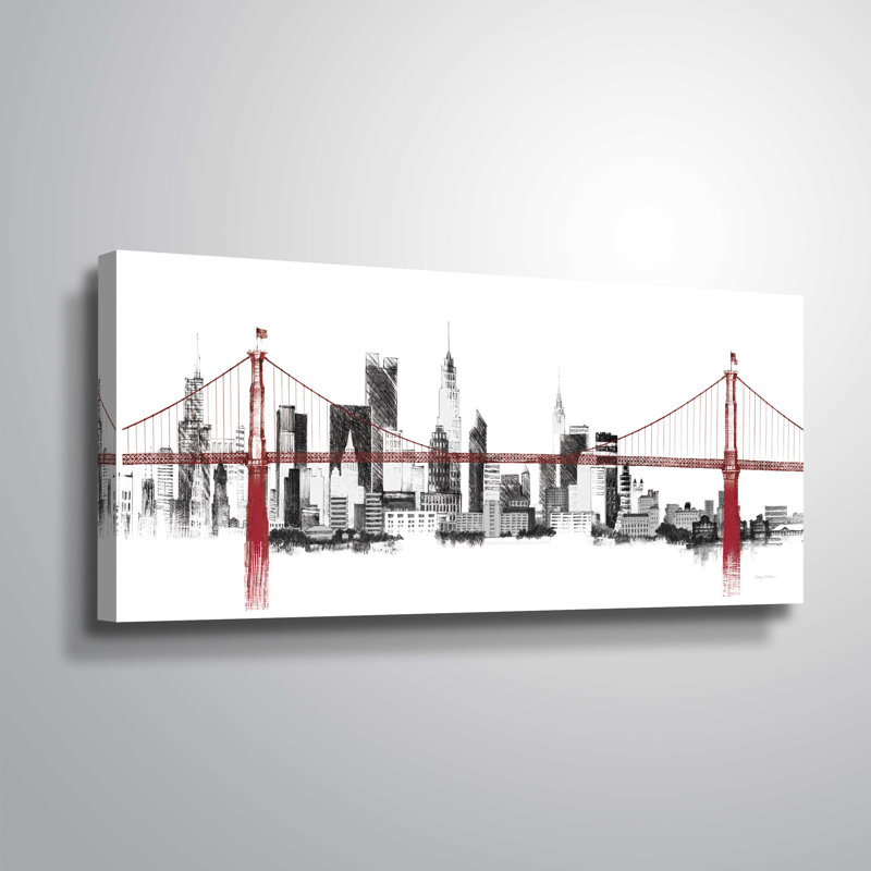" Bridge And Skyline Red ", 6" H x 12" W x 2" D, Wrapped Canvas