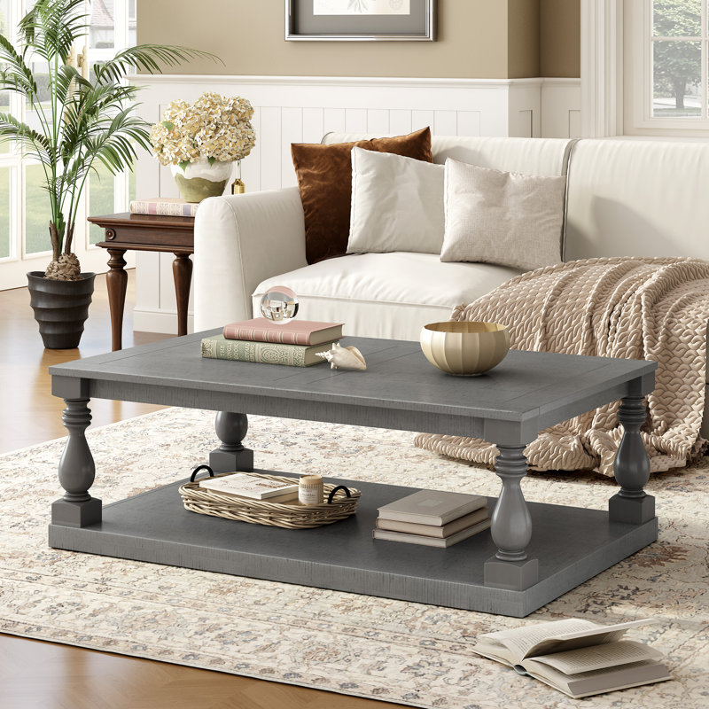  Table basse vintage avec pieds tournés, centre de table rectangulaire en placage de pin avec tablette pour le salon, gris