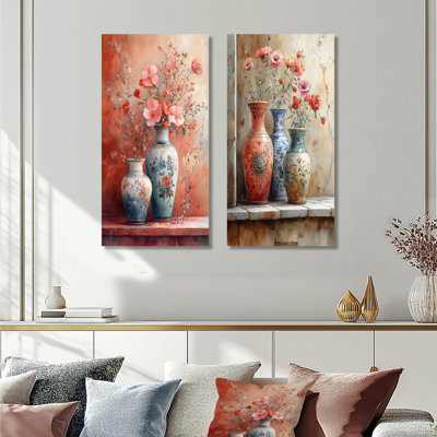 Pink Stately Floral Ceramic Vases I - Morocco Pottery Wall Art 2 Pieces Set