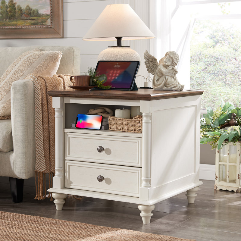 Rushville Farmhouse 2 - Drawers Nightstand with Charging Station, Tall Rustic Wood Square End Table with Open Shelf