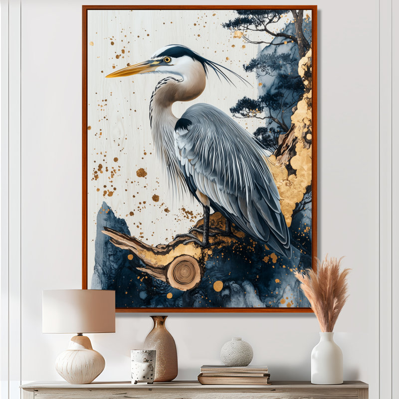 Avonam, marbre héron à l'encre de Chine dorée, paysage I - héron, art mural grand, H 40 po x l 30 po, Brun