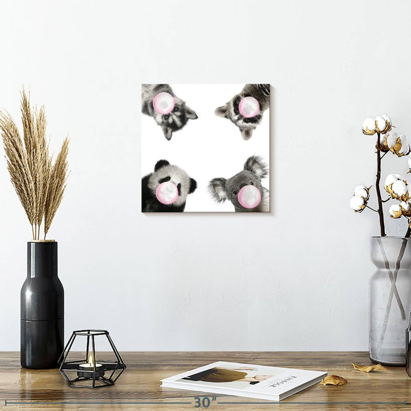Drôles d'animaux à fourrure sur toile, H 10 po x l 10 po x P 1,25 po
