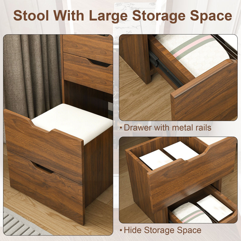 Bureau de coiffeuse 3 en 1 avec miroir rabattable, tabouret de rangement et éclairage réglable, Walnut/White