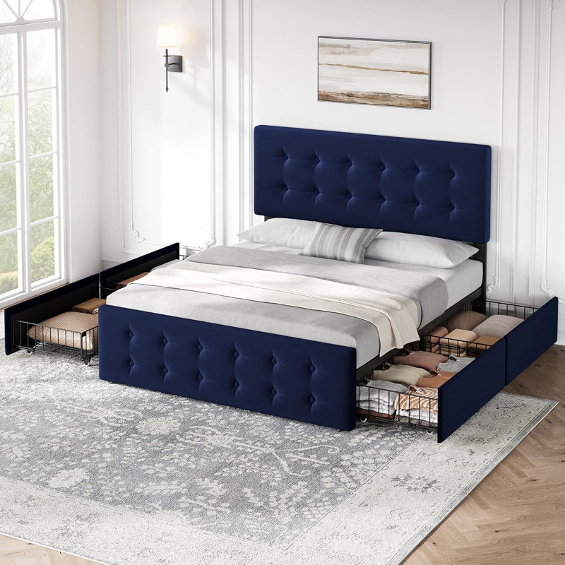 Lit de rangement double en velours avec 4 tiroirs, tête de lit réglable, bleu, Lit double, Bleu